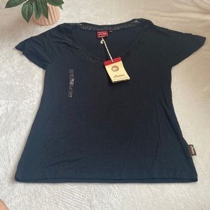 NWT Indian Motorcycles SS Black Raglan Lace Tee V-Neck Size S